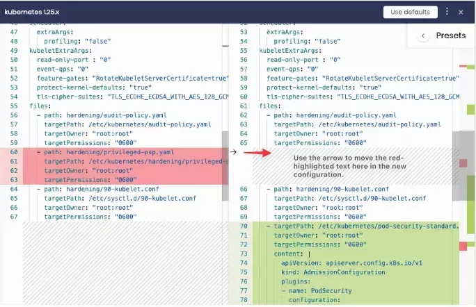 Screenshot that shows Palette&#39;s pack diff user interface with red highlight at left and green highlight at right