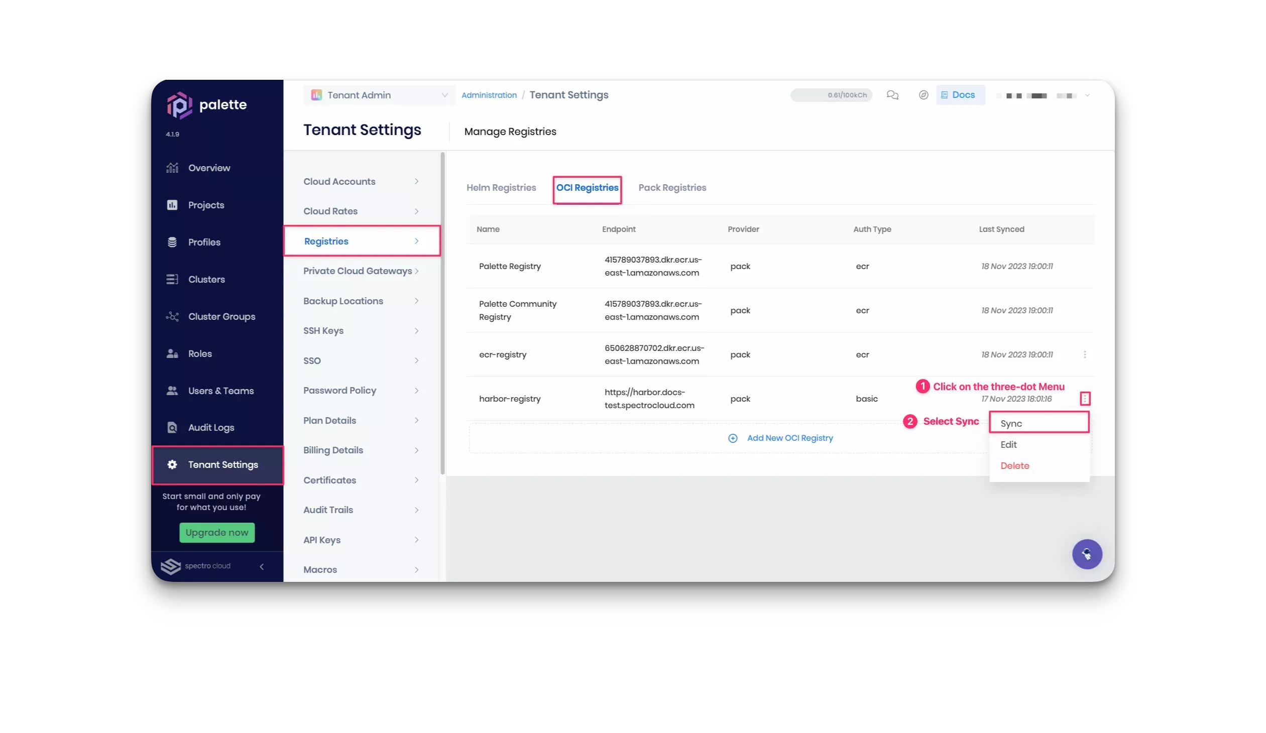 Screenshot of OCI registry sync in Palette